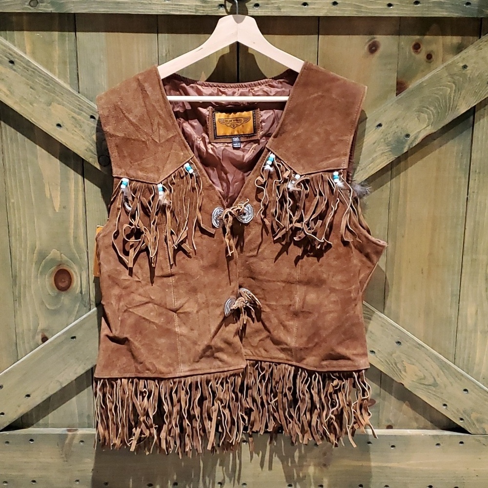 VINTAGE BROWN LEATHER VEST FRINGES NEW WITH TAG DREAM APPAREL WESTERN COWBOY